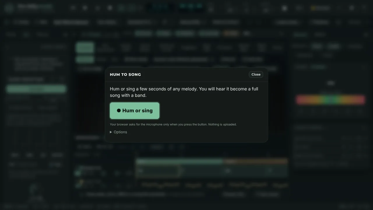 The Hum to Song window over the studio: one button to hum or sing a few seconds of melody, and an Options section for style, tempo and key