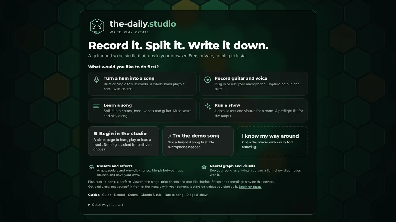 The first page of the-daily.studio: four cards asking what you would like to do first: turn a hum into a song, record guitar and voice, learn a song, or run a show