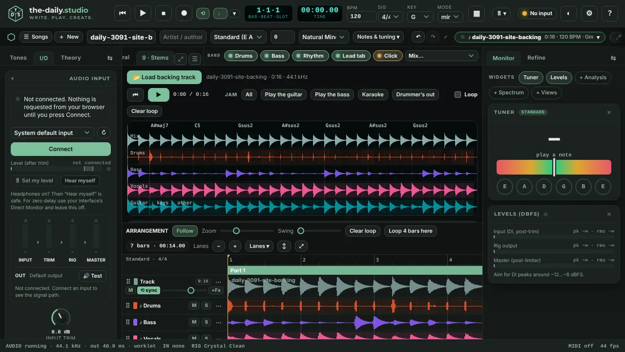 The Stems panel: a waveform of the mix and four stems, drums, bass, vocals and guitar or other, each with mute, solo and level