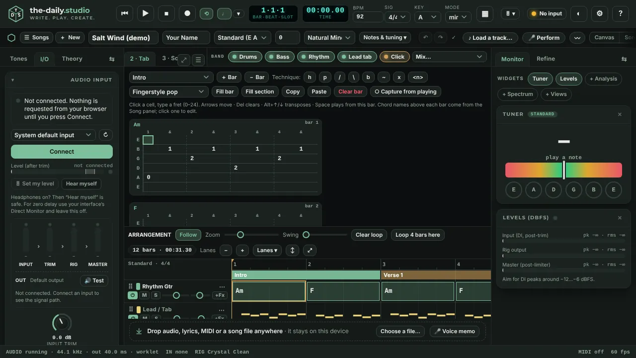The tab editor with chords over a bar of notes, string names for the current tuning, and the lyric sheet below